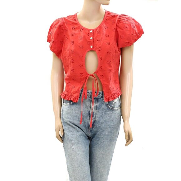 Sandy Liang Cameo Blouse Top Eyelet Embroidered Ruffle Red Cotton M-8 New 270756 - Picture 4 of 8